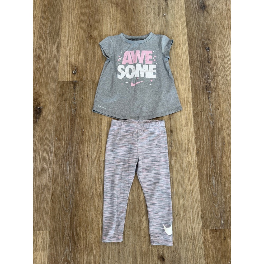 Nike Awesome Graphic Tee Space Dye Leggings Set Girls 2T Grey Pink Dri-FIT - Picture 1 of 5